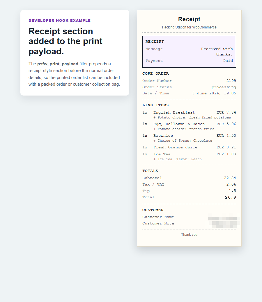Receipt heading and thanks message hook example shown in a Packing Station printout
