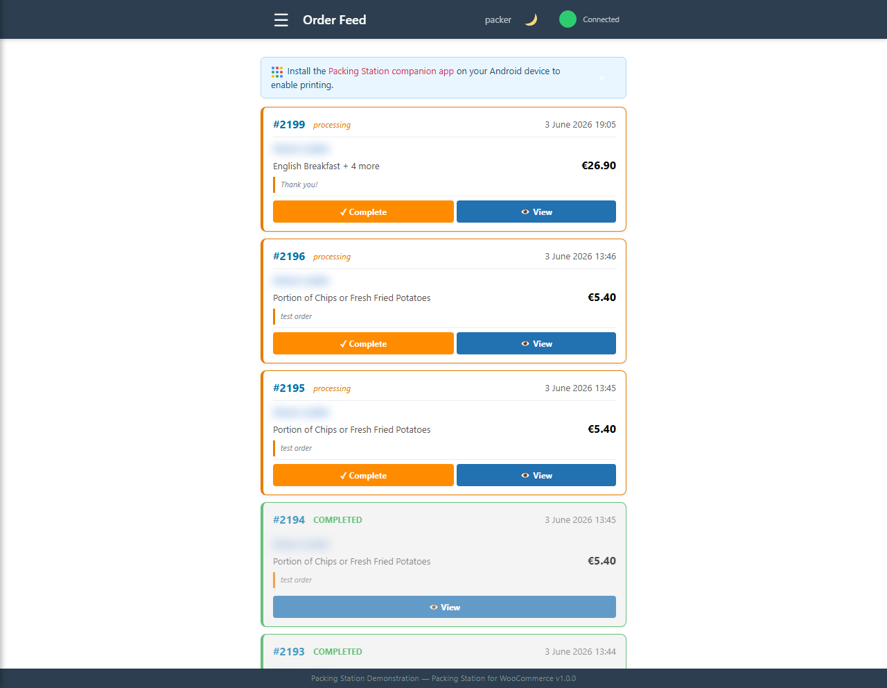 Packing Station order feed screen for WooCommerce orders